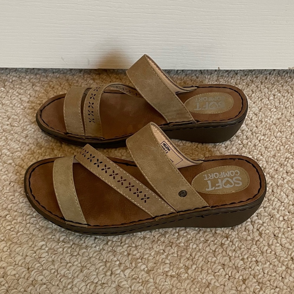 SOFT COMFORT Slide On Sandals in Tan with Detailed Cut Outs - Picture 6 of 11